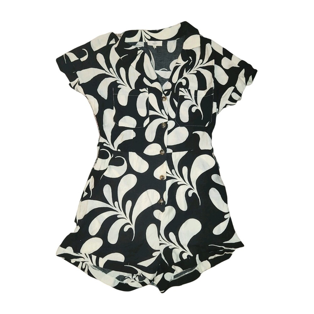 Entro Black and White Abstract Leaf Print Romper Large Button NO BELT